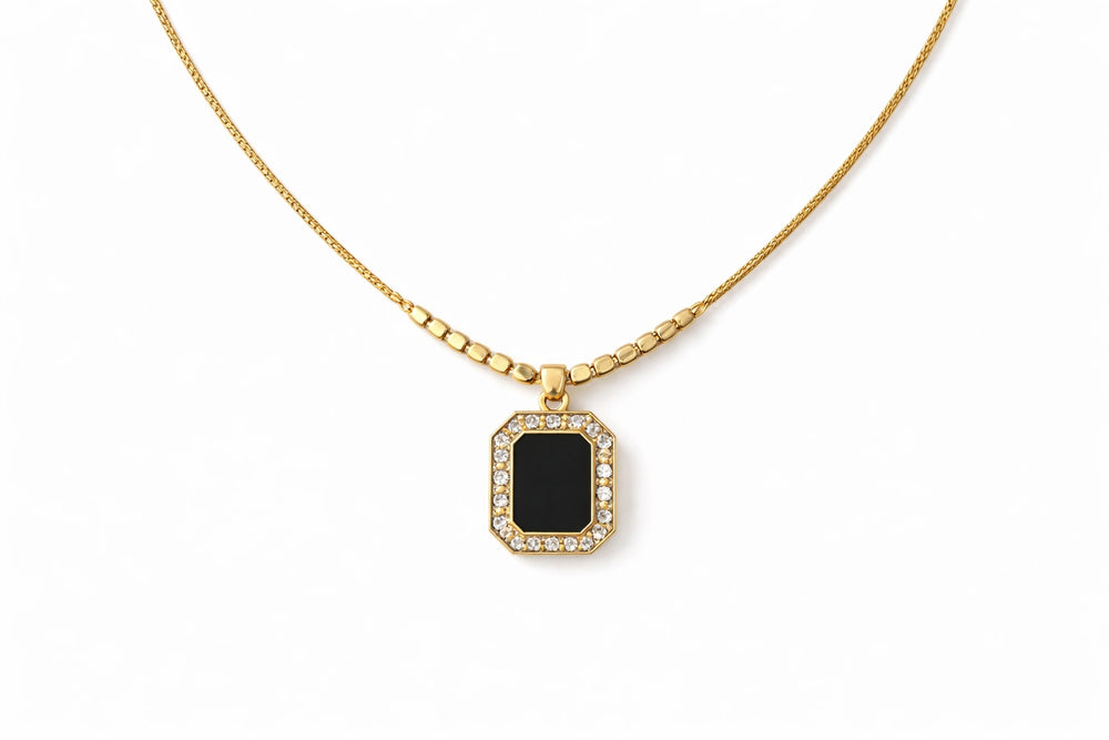 Midnight Noir Rectangle Pendant Necklace – 18K Gold Plated