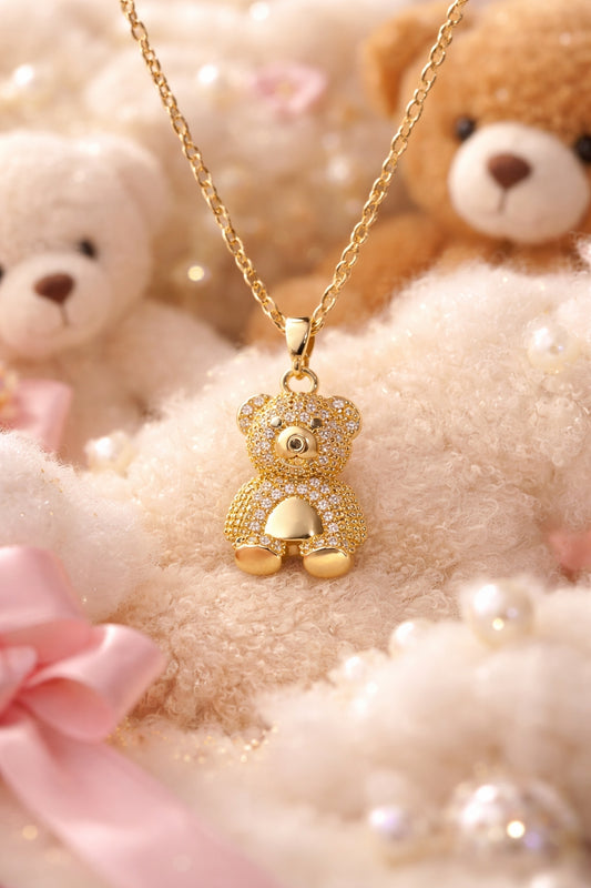 Teddy Bear CZ Pendant Necklace – 18K Gold Plated