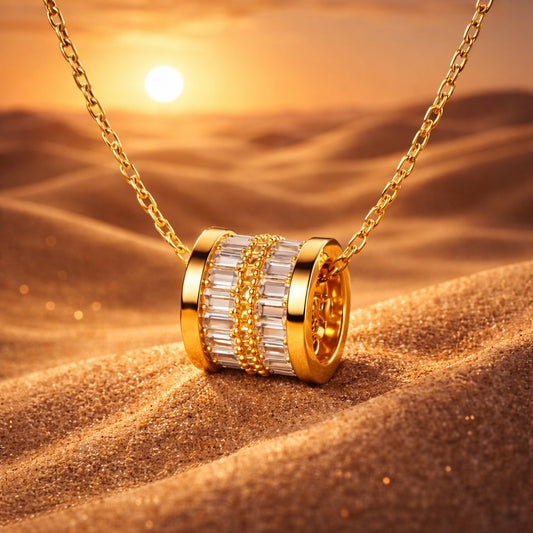 Crystal Double Ring Barrel Pendant Necklace – 18K Gold Plated