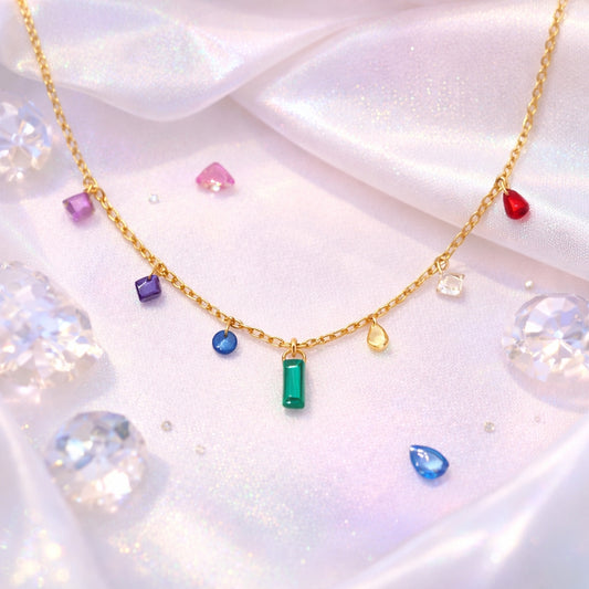 Multi Color Gem Drop Charm Necklace – 18K Gold Plated