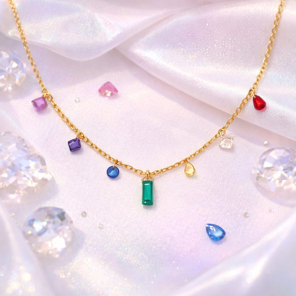 Multi Color Gem Drop Charm Necklace – 18K Gold Plated