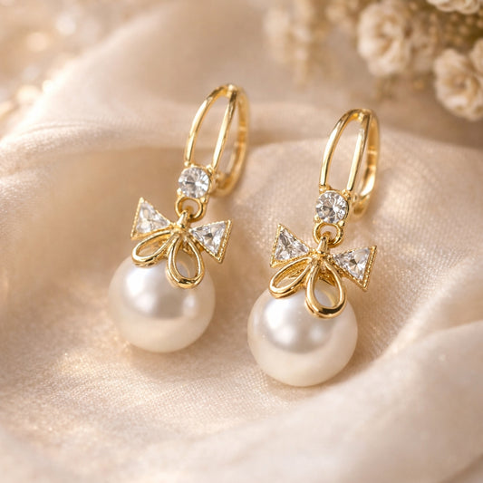 Pearl Bow Drop Earrings – 18K Gold Plated