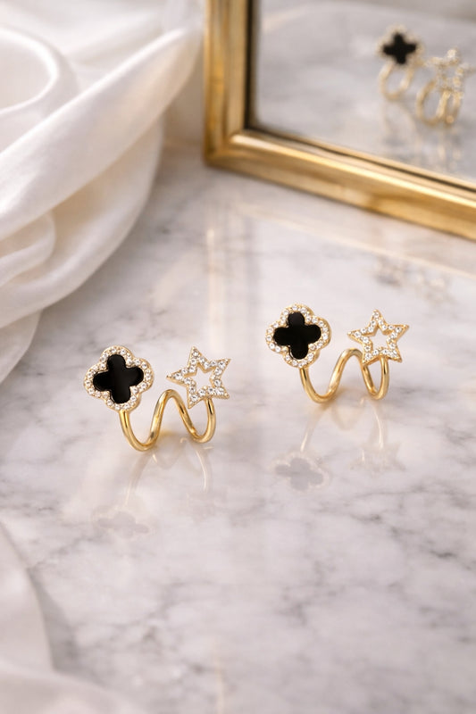 Star & Clover Wave Stud Earrings – 18K Gold Plated