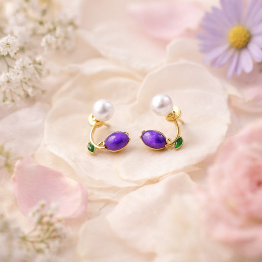 Pearl & Purple Stone Curve Earrings – 18K Gold Plated