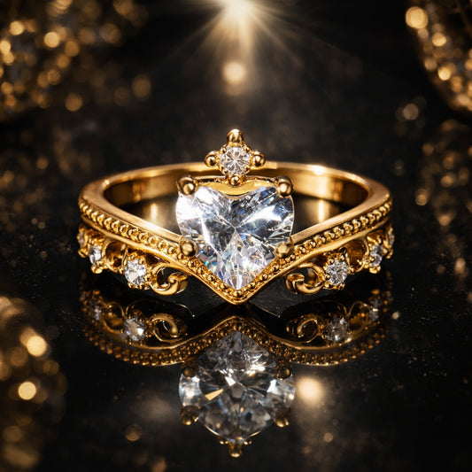 Heart Crystal Crown Ring – 18K Gold Plated
